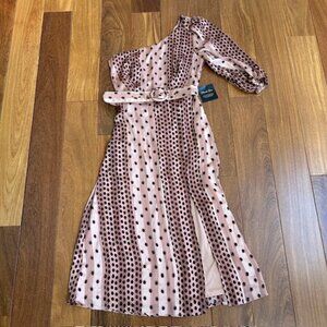 Soieblu rose & black polka dot off the shoulder belted dress